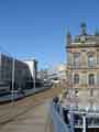 View: a04288 Supertram bridge on Commercial Street showing (right) Canada House (the old Gas Company offices)