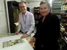 View: a04369 Vanessa Toulmin, University of Sheffield and Pete Evans, Archives and Heritage Manager in Central Library strongroom looking at a circus playbill featuring Pablo Fanque