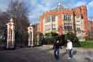 Godfrey Sykes Memorial Gates, Weston Park; Edgar Allen Library and Firth Hall, University of Sheffield from Western Bank