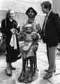 View: s32509 Mrs Fullard and Counciller David Brown viewing the 'Woman and Child' sculpture by George Fullard, placed in Upper Chapel Yard, Norfolk Street in 1985