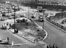 View: s34656 Construction of Sheaf Square roundabout at the junction of Leadmill Road and Paternoster Row, looking towards Sheaf Street and Sheffield Midland railway station (right) 