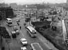 View: s34658 Construction of Sheaf Square roundabout, looking towards Pond Street with Howard Hotel and Sheffield Wholesale Linoleum Company (left) 