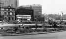 View: s34659 Construction of Sheaf Square roundabout, looking towards Pond Street with Howard Hotel and Sheffield Wholesale Linoleum Company (left) and Sheffield Polytechnic in background