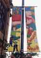 View: s34667 Banners made by Chaucer School children on the Town Hall, Pinstone Street, celebrating the European Football Chamionships and Sheffield Children's Festival