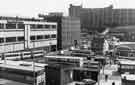 View: s41872 Pond Street bus station showing Park Hill Flats (top); Pond Street Royal Mail sorting office (left) and Heriot House (centre) on Pond Hill