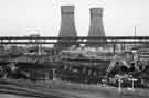 View: s42132 Construction of Meadowhall Shopping Centre showing the Tinsley Viaduct and Tinsley Cooling Towers 