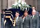 View: s43015 Pall bearers outside Sheffield Cathedral, Church Street at the funeral of the Sheffield comedienne, Marti Caine