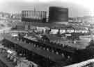 View: s43176 View from Langsett Road across Neepsend showing back to back housing (foreground), Toledo Woodhead Springs Ltd., (right) and Neepsend Gas Holders (top centre)