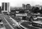 View: s43387 View of the City showing (left) Arundel Gate (top left) Redvers House (centre), Register Office (top centre) Telephone House and the Grosvenor House Hotel and (right foreground) old Motor Taxation offices, Surrey Place 