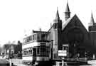 View: s43535 Tram No.221 at junction of Firth Park Road and Stubbin Lane showing (right) Firth Park United Methodist Chapel