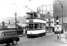Tram No.121 at Hillfoot Bridge, Hillfoot Road, Neepsend showing (centre) Farfield Inn, No.376 Neepsend Lane with Neepsend Gas Works (background)
