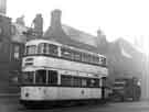 View: s43565 Tram No.536 leaving Tinsley Tram Depot, Sheffield Road to be broken up for scrap at T.W. Ward Ltd.,Tinsley 