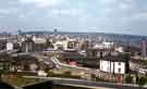 View: s43849 City Centre from Park showing (foreground) Durham Ox public house No.15 Cricket Inn Road, at junction of Broad Street Lane; (centre) Sheaf Market; (right) Canal Basin