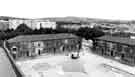 View: s43985 View from the clock tower over the parade ground and stables, Hillsborough Barracks showing (left centre) Regent Court flats