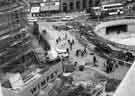 View: s44322 Construction of Castle Square showing (left) the construction of the new J. Walsh and Co., department store and (centre) l. to r. shops on High Street, No 45a, Bewlay (Tobacconists) Ltd., No 47, Manfield and Sons Ltd., shoe shop and Midland Bank Ltd.