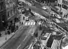 View: s44351 Construction of Castle Square showing (top centre) Angel Street, (top right) junction with King Street and (left) Market Place