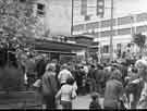 View: s44565 Shoppers on The Moor at the junction with (right) Furnival Gate showing (left) Radio Hallam mobile broadcast unit 