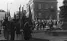 View: s44712 Armistice Sunday at the Barkers Pool war memorial showing (centre) Cambridge House, former Offices of the Transport Department originally Sheffield Water Company Offices, Division Street