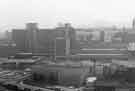 View: s44747 Sheffield Hallam University showing (bottom) Sheaf Valley swimming baths and Pond Street bus station (centre right) Central Library