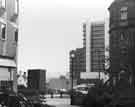 View: s44878 View from Peace Gardens of (centre) Norfolk Street showing (left) Town Hall extension (Egg Box (Eggbox)) and (right) Redvers House