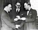 View: s45566 Presentation to (left) Mr Greenhalge by (centre) Mr. G. M. and (right) Mr D. G. Flather, W. T. Flather Ltd., Bright Steels, Sheffield Road, Tinsley