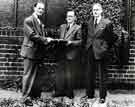 View: s45568 Retirement presentation to (centre) Mr A. H. Currie by (right) Mr G. M. and (left) Mr D. G. Flather, W. T. Flather Ltd., Bright Steels, Sheffield Road, Tinsley