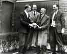 View: s45577 Retirement presentation to (third left) Mr Harry Lee by (first left) Mr D. G. Flather, W. T. Flather Ltd., Bright Steels, Sheffield Road, Tinsley