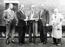 View: s45584 Retirement presentation to (centre) Mr T. Gale by (second left) Mr D. G. Flather, W. T. Flather Ltd., Bright Steels, Sheffield Road, Tinsley 