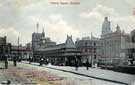 View: t06629 Fitzalan Square, Sheffield, Market Street and Omnibus Waiting Room, left, Birmingham District and Counties Banking Co. Ltd. and Wonderland Entertainment Booth, right 