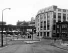 View: t06850 Exchange Street as seen from Victoria Station Road showing (right) Alexandra Hotel; (centre) Hambleden House and (left) Setts Market with Sheaf Market behind