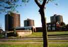 View: t09470 View from Dyche Lane showing (left) Jordanthorpe Library, (right) the Jordanthorpe public house, and (back) tower blocks on Jordanthorpe / Batemoor housing estate