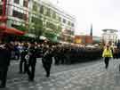 View: t10588 Remembrance Day - soldiers and military band marching in Barkers Pool showing (left) John Lewis Ltd., department store