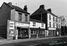 View: t11265 Shops on Attercliffe Road showing (l. to r.) No. 707 Abid Bros., luggage suppliers, No. 709 Kings Head public house and No. 711 Stamps and Cowley, possible discount shop