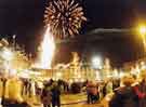 View: u10507 Firework display to celebrate the Millennium on Pinstone Street and the Peace Gardens with the Town Hall (left) and the Town Hall Extension (centre)