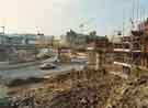 View: u10978 Construction of Park Square Supertram bridge on (foreground) Park Square roundabout and (centre) Commercial Street