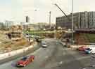 View: u10979 Construction of Park Square Supertram bridge showing (top right) Park Hill flats and (top left) Hyde Park flats