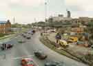 View: u10984 Construction of Park Square Supertram bridge showing (top centre) Hyde Park Flats