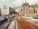 View: u11002 Construction of Supertram on Commercial Street showing (top left) Barclays Bank and (top right) Gas Company offices