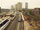 View: u11005 Construction of Supertram on the west side of Netherthorpe Road looking south showing (top right) Arts Tower, University of Sheffield and (top centre) Netherthorpe flats