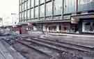 View: w02567 Old tramlines exposed on The Moor showing (right) Debenhams, department store