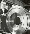 British Steel  Corporation, Special Steels Division, dimensional check on L.P. turbine rotor disc for Rolls-Royce RB 211 three-shaft turbofan
