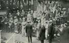 View: y05859 Editors of Sheffield Newspapers being presented to the King and Queen at the Victoria Hall. Nearest the king (facing) is Mr John Oakley, editor of the Sheffield Telegraph