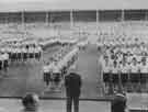 View: y11177 Visit of Queen Elizabeth and HRH the Duke of Edinburgh to Hillsborough football ground to see the children's display during their visit of 27th October 1954.