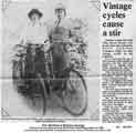 Newspaper cutting of Eric Bower and his wife Edna, riding vintage cycles in 1920s costumes at the South Yorkshire Transport Rally. 