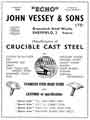 Advertisement for John Vessey and Sons, crucible cast steel manufacturers, Brunswick Steel Works, Denby Street, Sheffield