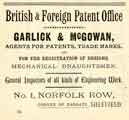 View: y11993 Advertisement for Garlick and McGowan, patent and trade mark agents, No.1 Norfolk Row