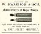 View: y12012 Advertisement for W. Harrison and Son, manufacturers of razor strops, No.104 Mary Street