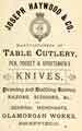 View: y12019 Advertisement for Joseph Haywood and Co., table cutlers and knife manufacturers, Glamorgan Works, Little Pond Street