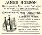 View: y12071 Advertisement for James Hobson, monuments, tombs and headstones, Burngreave Memorial Works, No.20 Burngreave Street