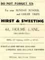 View: y12598 Advertisement for Hirst and Sweeting Ltd., No. 61 Holme Lane, Hillsborough in the Hillsborough Hospital Sunday, 34th Music Festival at Sheffield Wednesday Football Club Ground